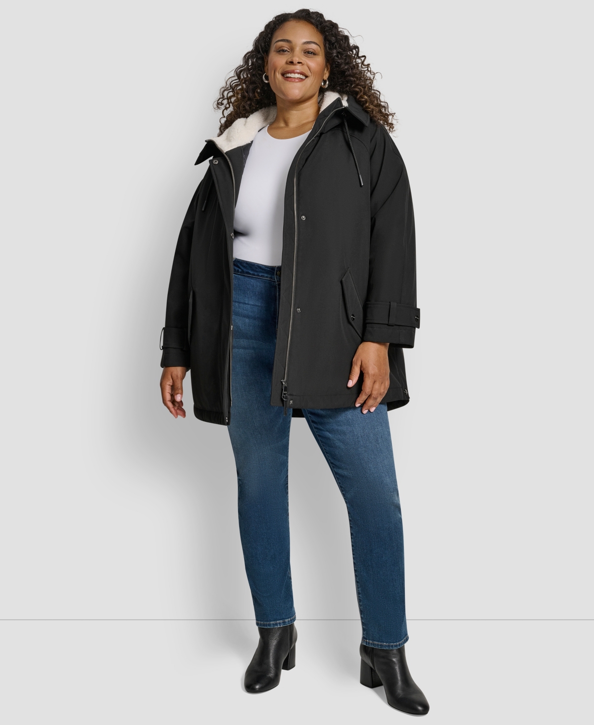 Dkny Plus Size Hooded Coat In Black
