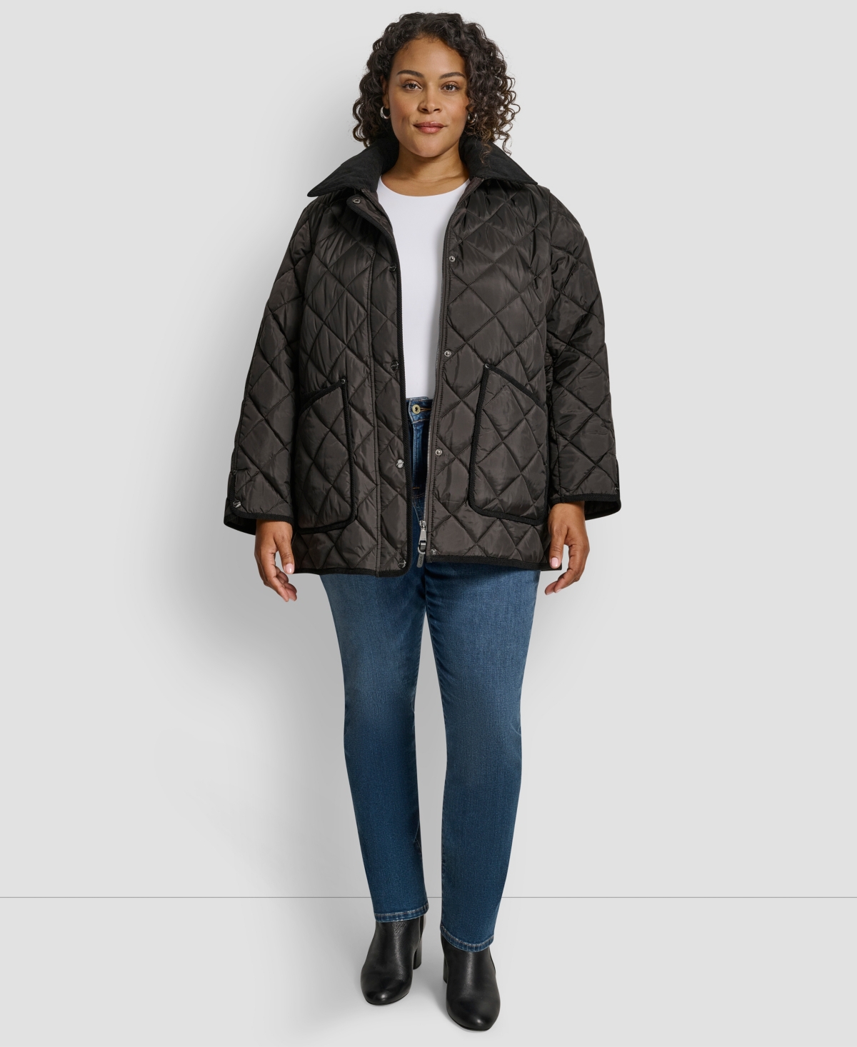 Dkny Plus Size Hooded Quilted Coat In Black