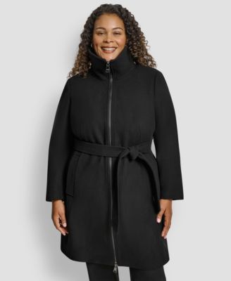 Plus Size Belted Zip-Up Wool Coat