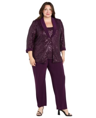 Plus Size Sequined Sleeveless Top, Open-Front Jacket & Pants Set