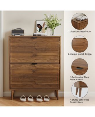 31.5" Modern Walnut Shoe Cabinet with Flip Drawers