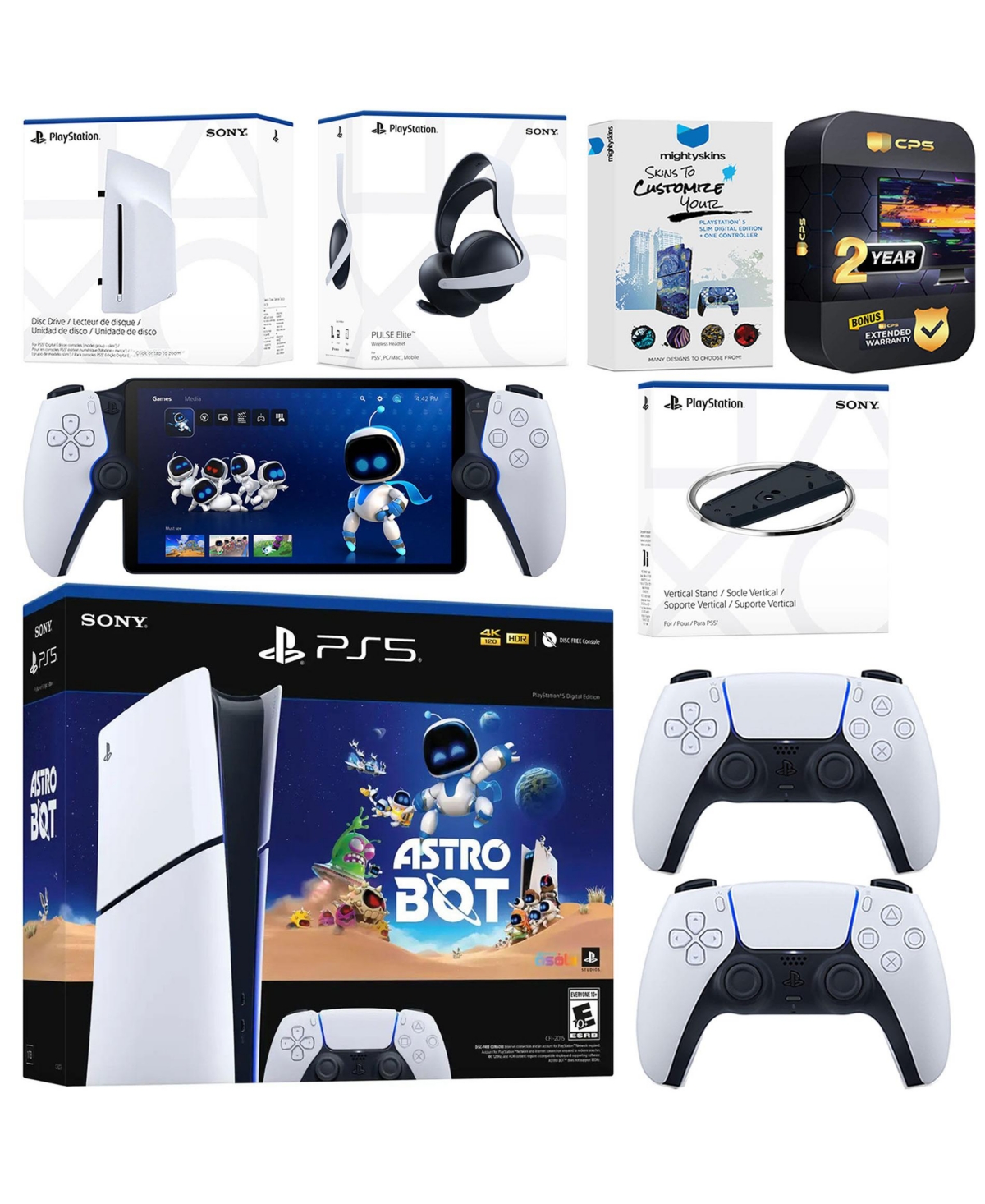 Sony PlayStation 5 Astro Bot Slim Digital Bundle with Disc Drive, Pulse Elite Headset, Extra Controller, PlayStation Portal, Vertical Stand, MightySki