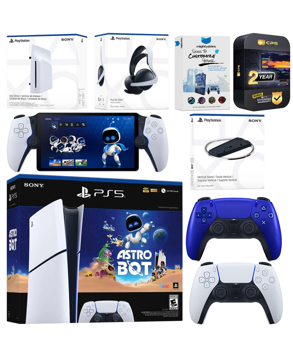 Sony PlayStation 5 Astro Bot Slim Digital Bundle with Disc Drive, Pulse Elite Headset, Extra Controller, PlayStation Portal, Vertical Stand, MightySki