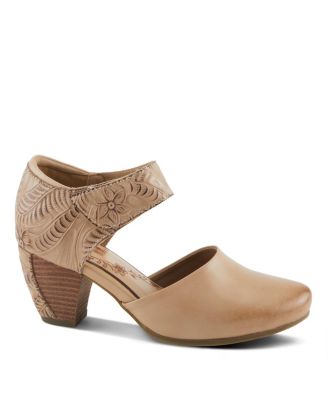 Women's Toolie Hand-Painted Leather D'Orsay Mary Jane Heels, Hook-and-Loop Strap, Padded Collar, and Tooled Stacked Heel