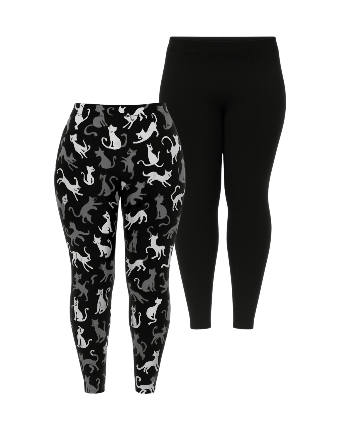 White Mark Plus Size Cat Print Legging Pants, 2-pack In Black