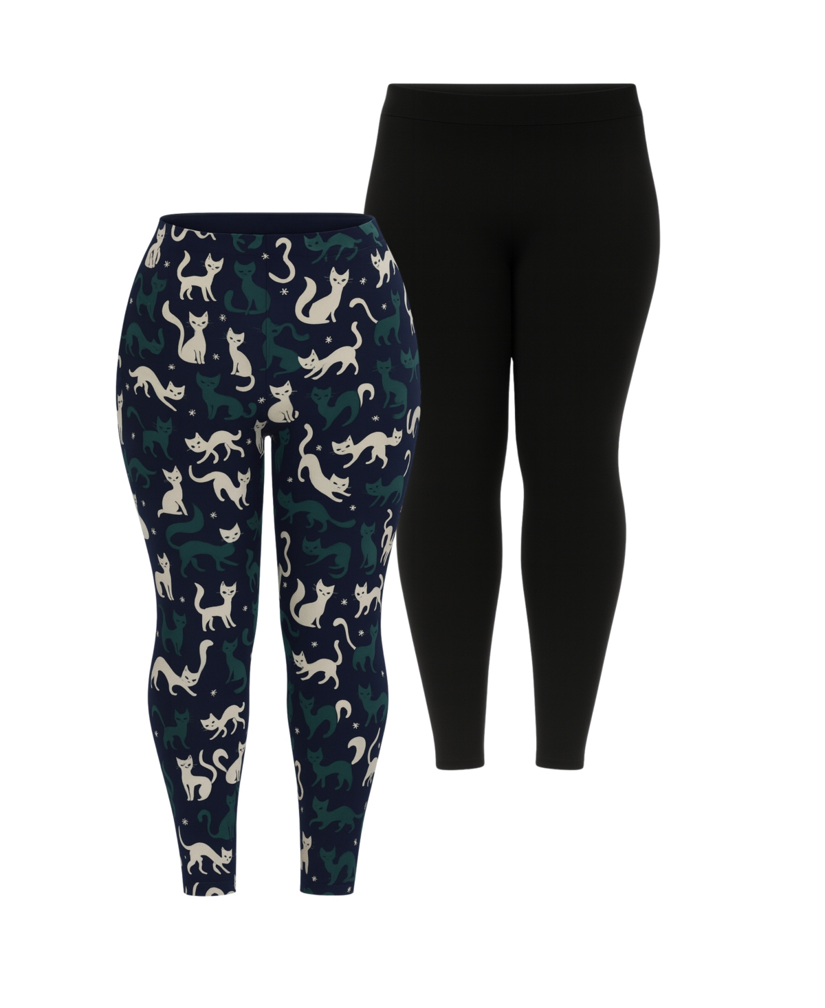 White Mark Plus Size Cat Print Legging Pants, 2-pack In Blue