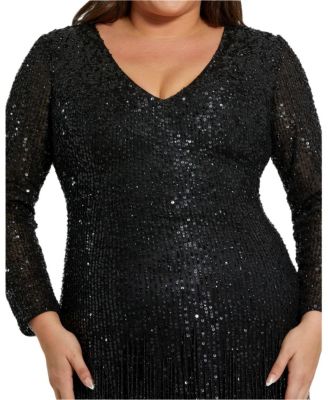 Women's Long Sleeve V Neck Beaded Fringe Gown