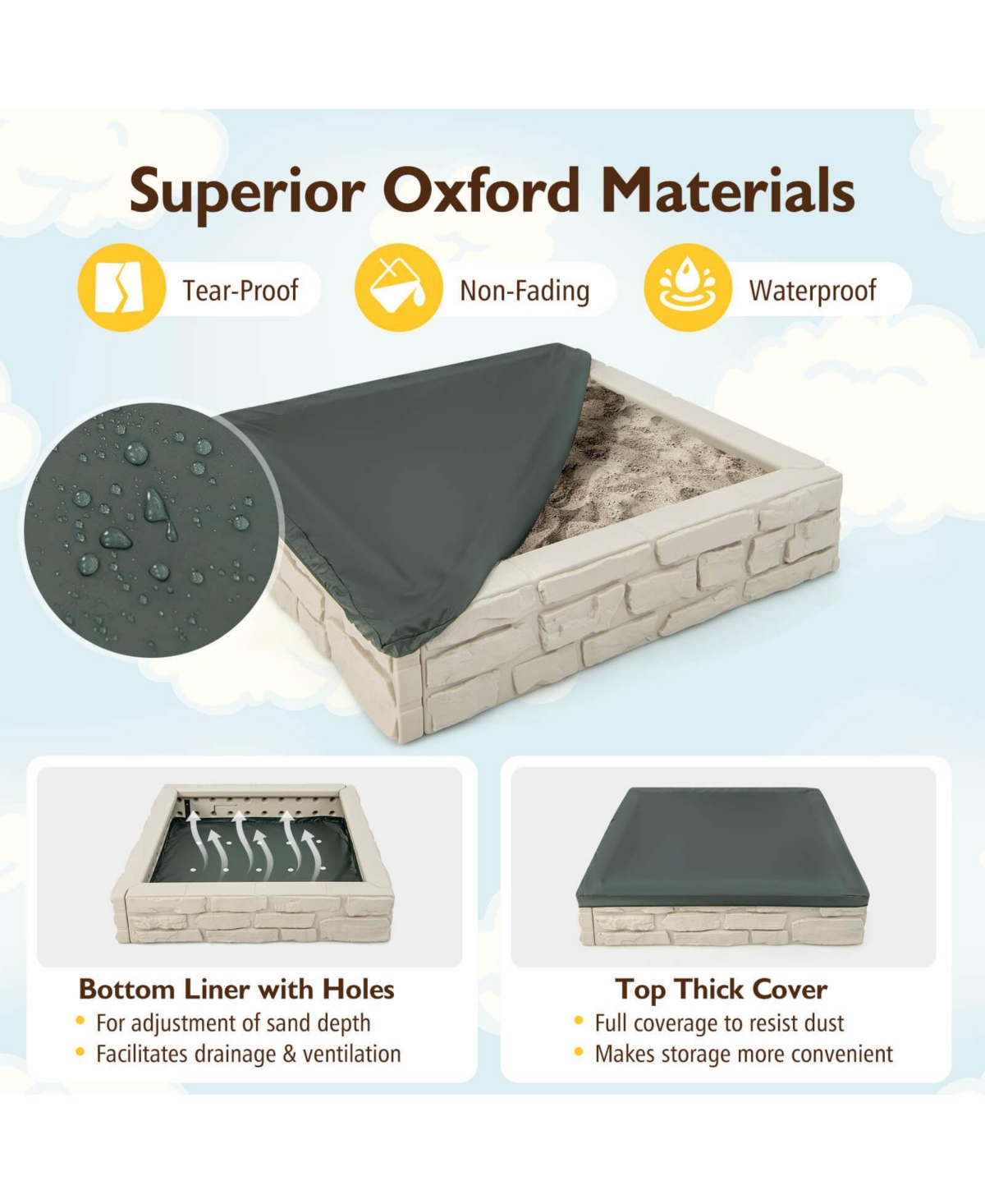 2-in-1 Hdpe Kids Sandbox with Cover & Bottom Liner