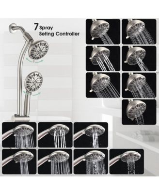 Drill-Free Stainless Steel Slide Bar Combo Rain Showerhead 7-Setting Hand, Dual Shower Head Spa System (Rough-in Valve Included)