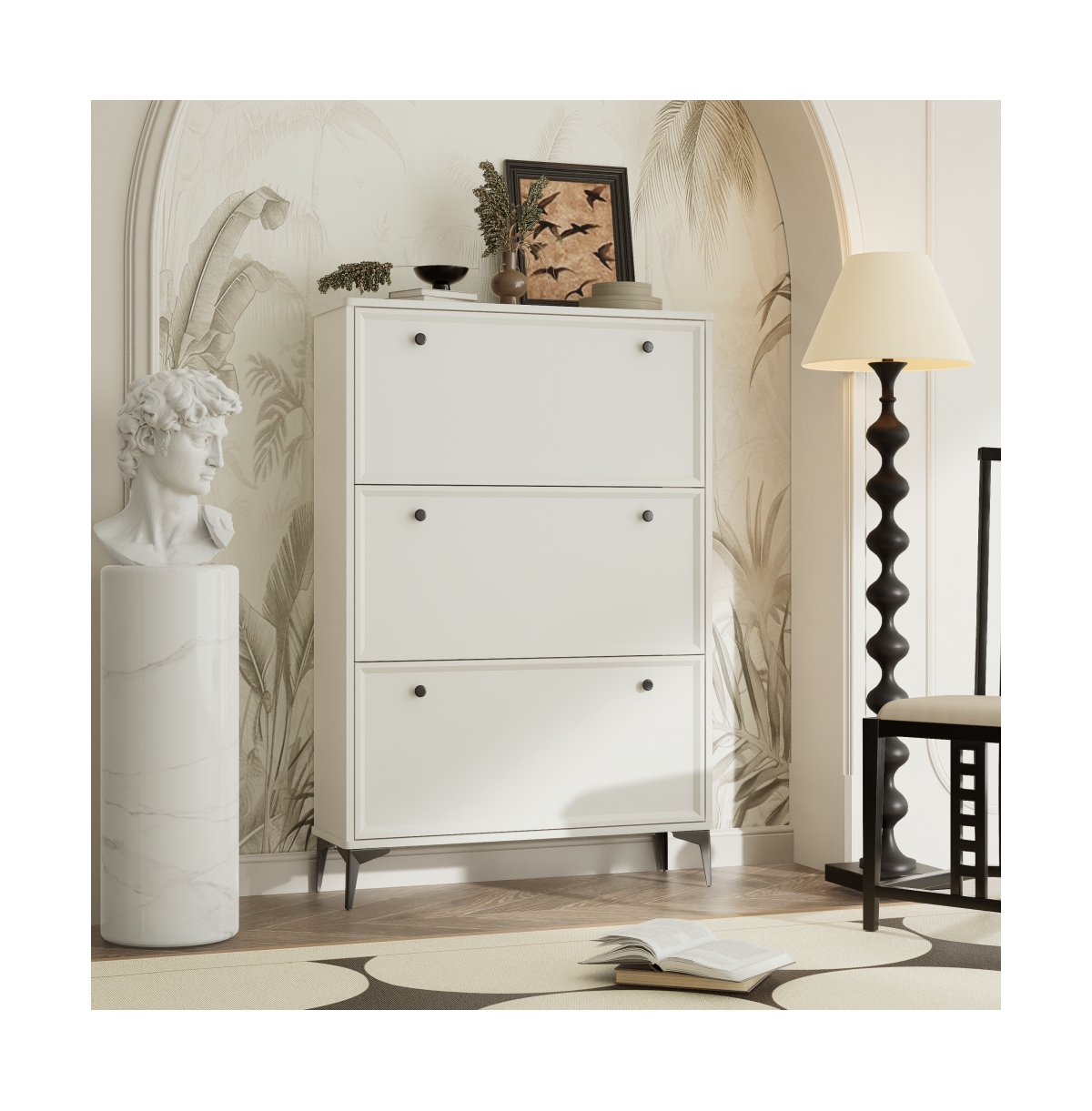 Chic Crate-Modern White Shoe Cabinet 3 Flip-Drawer | Entrance/Narrow | Hidden Design | Independent Legs