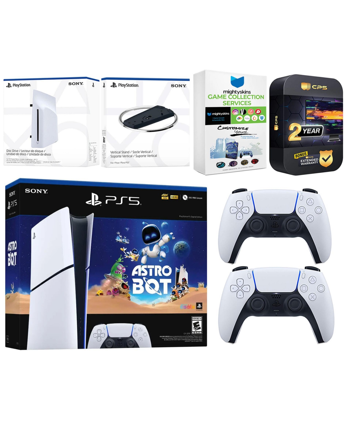 Sony PlayStation 5 Astro Bot Slim Digital Bundle with Disc Drive, Extra Controller, Vertical Stand, MightySkins Game Collection Services and 2 Year Ex