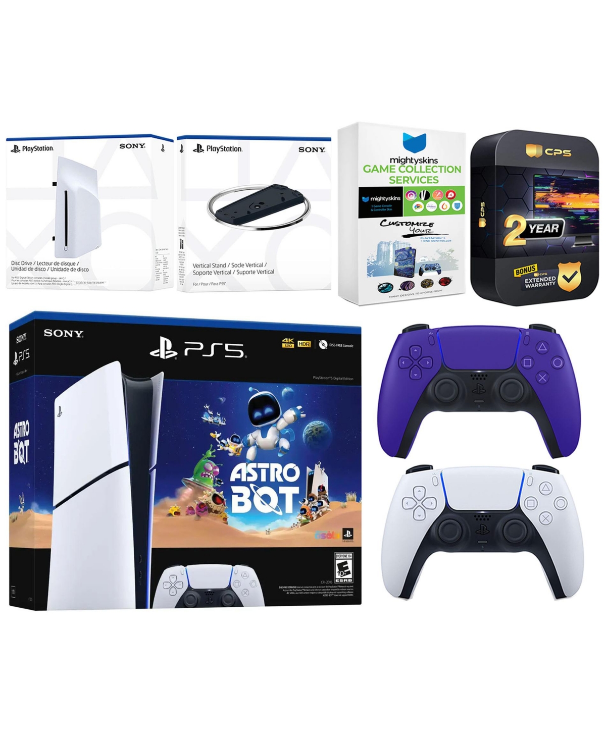 Sony PlayStation 5 Astro Bot Slim Digital Bundle with Disc Drive, Extra Controller, Vertical Stand, MightySkins Game Collection Services and 2 Year Ex
