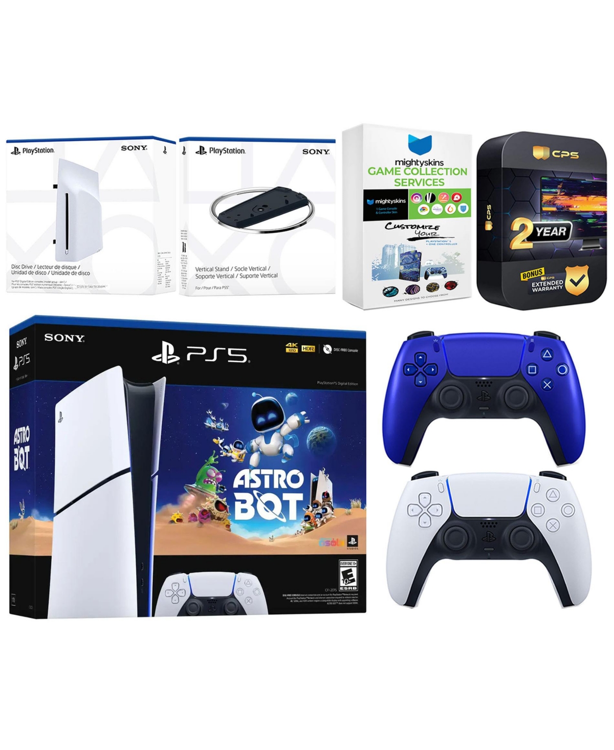 Sony PlayStation 5 Astro Bot Slim Digital Bundle with Disc Drive, Extra Controller, Vertical Stand, MightySkins Game Collection Services and 2 Year Ex