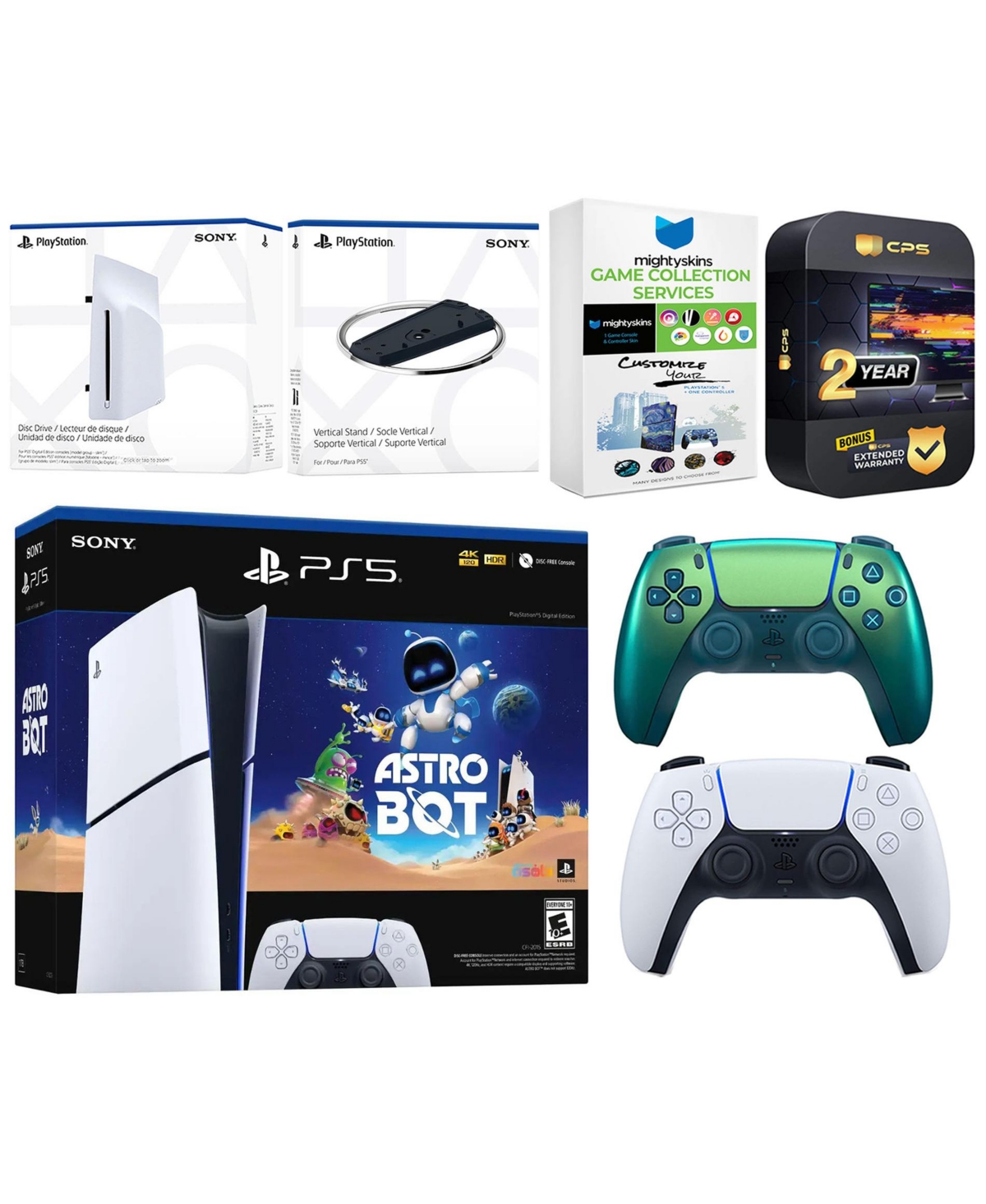 Sony PlayStation 5 Astro Bot Slim Digital Bundle with Disc Drive, Extra Controller, Vertical Stand, MightySkins Game Collection Services and 2 Year Ex