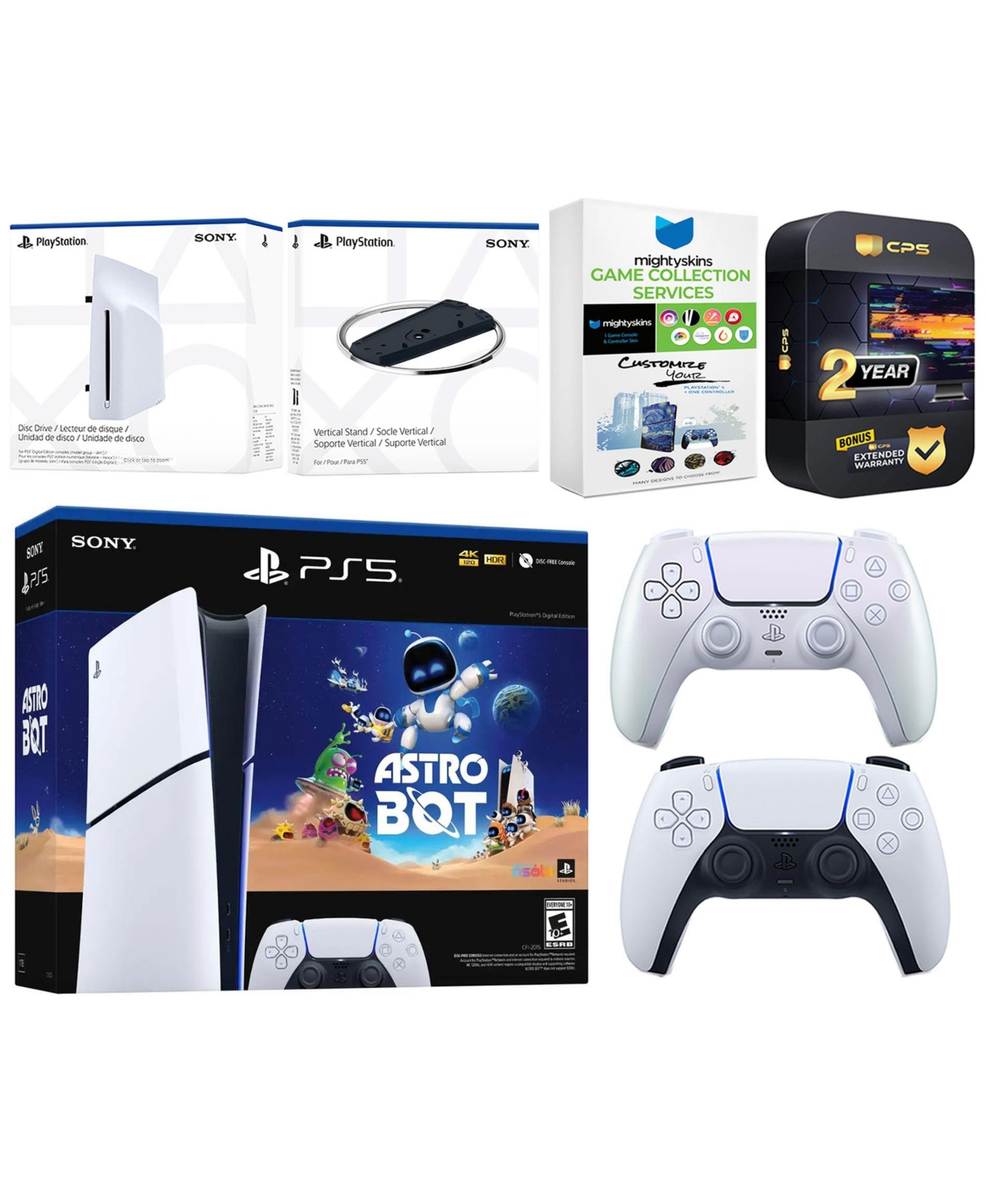 Sony PlayStation 5 Astro Bot Slim Digital Bundle with Disc Drive, Extra Controller, Vertical Stand, MightySkins Game Collection Services and 2 Year Ex
