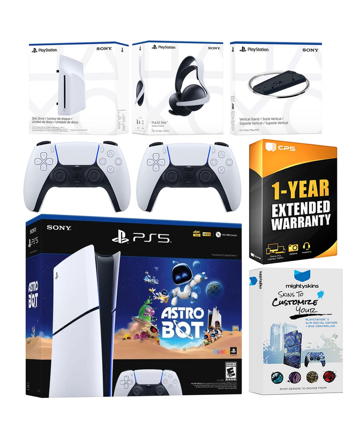 Sony PlayStation 5 Astro Bot Slim Digital Bundle with Disc Drive, Pulse Elite Headset, Extra Controller, Vertical Stand, MightySkins Voucher and 1 Yea