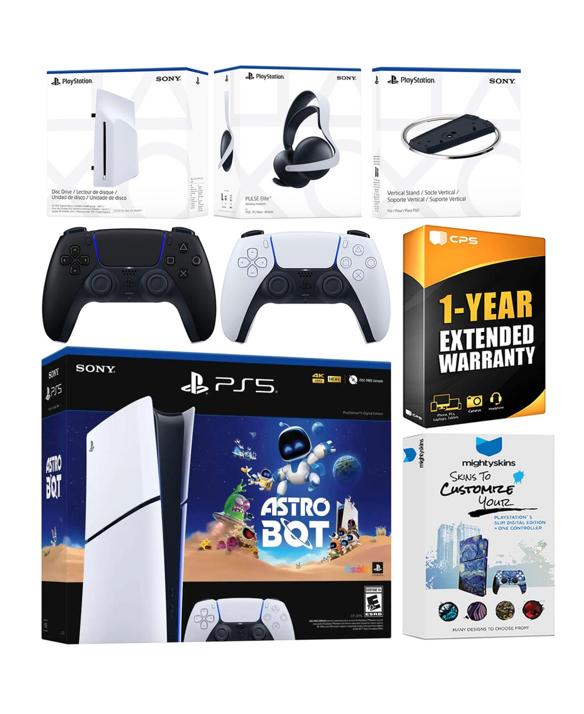Sony PlayStation 5 Astro Bot Slim Digital Bundle with Disc Drive, Pulse Elite Headset, Extra Controller, Vertical Stand, MightySkins Voucher and 1 Yea