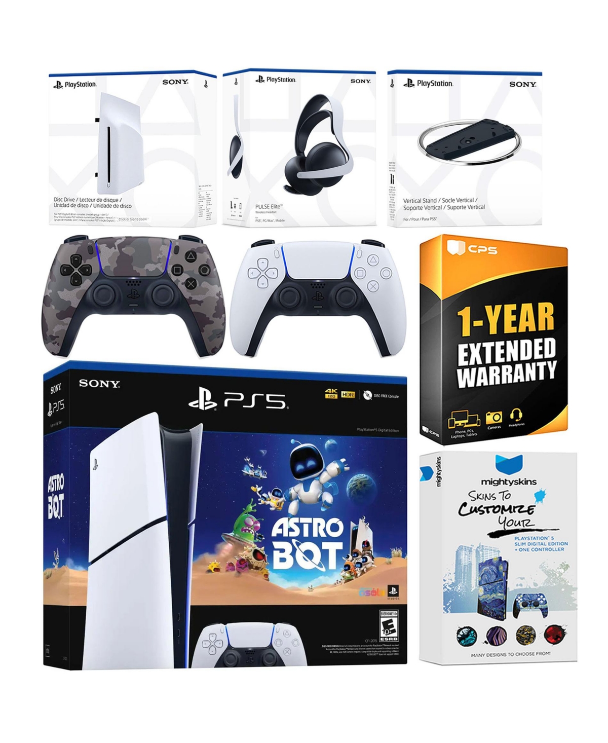 Sony PlayStation 5 Astro Bot Slim Digital Bundle with Disc Drive, Pulse Elite Headset, Extra Controller, Vertical Stand, MightySkins Voucher and 1 Yea