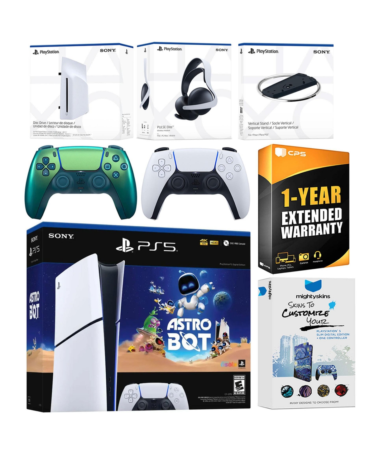 Sony PlayStation 5 Astro Bot Slim Digital Bundle with Disc Drive, Pulse Elite Headset, Extra Controller, Vertical Stand, MightySkins Voucher and 1 Yea