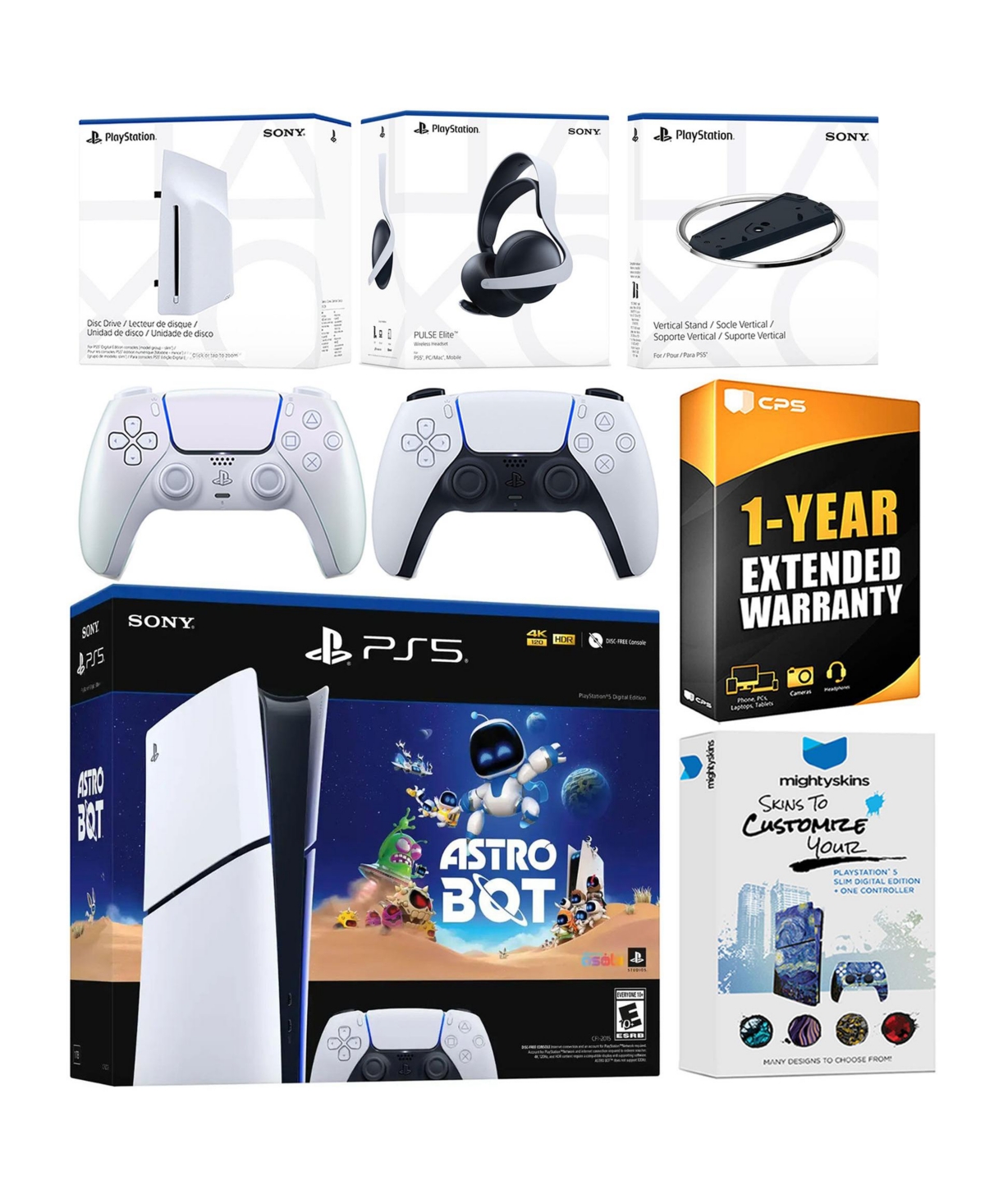 Sony PlayStation 5 Astro Bot Slim Digital Bundle with Disc Drive, Pulse Elite Headset, Extra Controller, Vertical Stand, MightySkins Voucher and 1 Yea