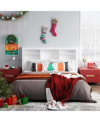 Storage Bookcase Headboard with LED Lights – Wood Grain Finish and Open Shelves for Nighttime Essentials