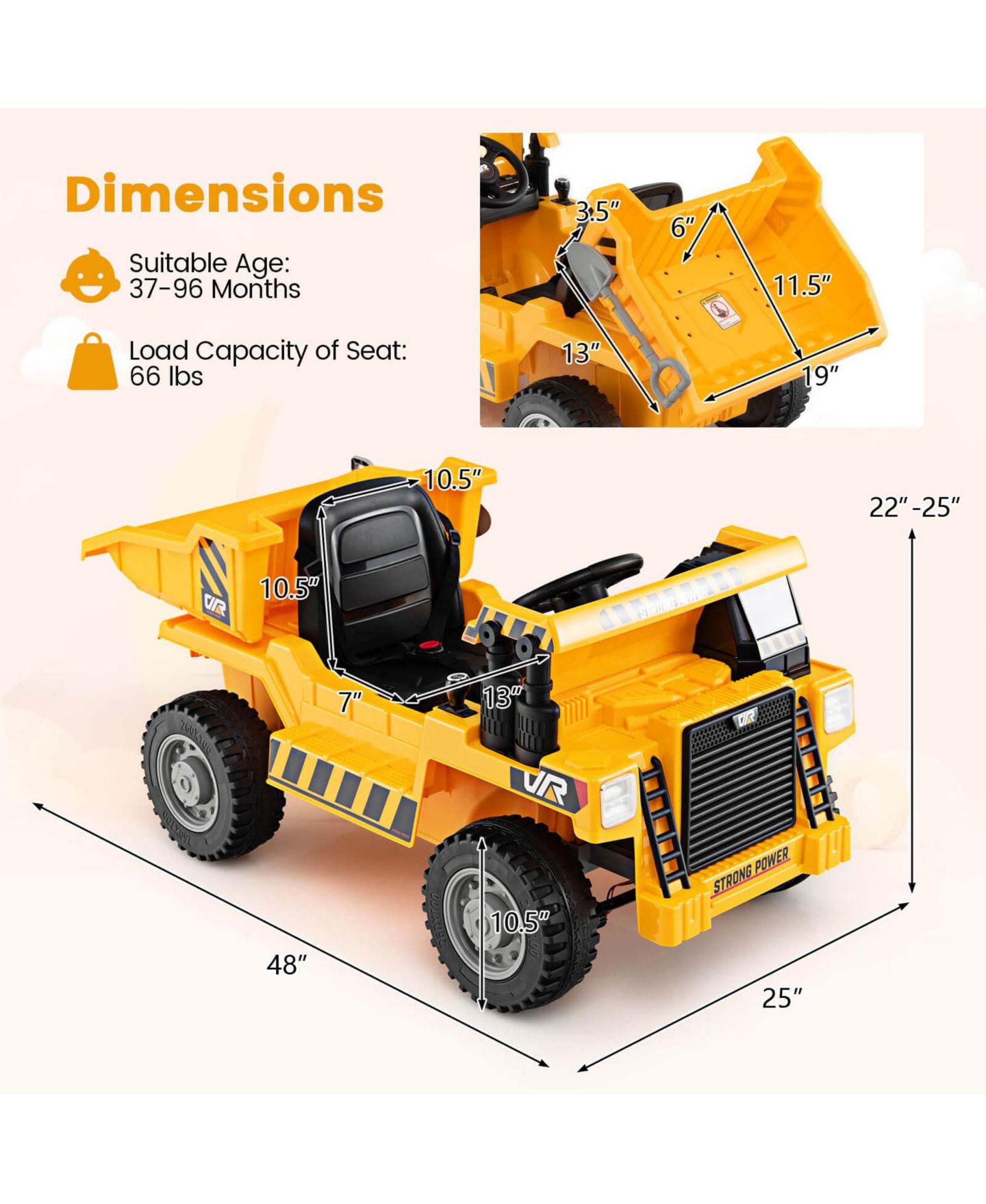 Детская игрушка Costway Ride-On Dump Truck with Remote Control and LED Lights, от 3 лет, цвет: Жёлтый — фото 2