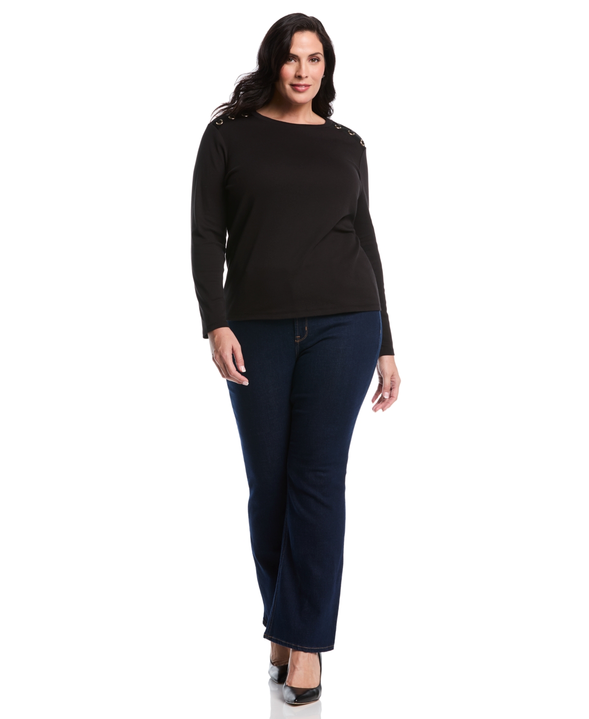 Rafaella Plus Size Laced Crew Neck Long Sleeve Top In Black