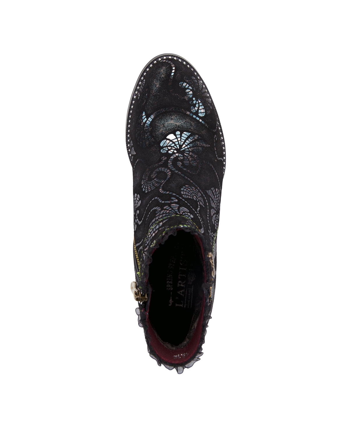 L'Artiste Women's Dessa French-Inspired Leather Booties with Animal Print and Metallic Suede, Ruffle Collar, Rainbow Stitching, Cone Heel – Textur