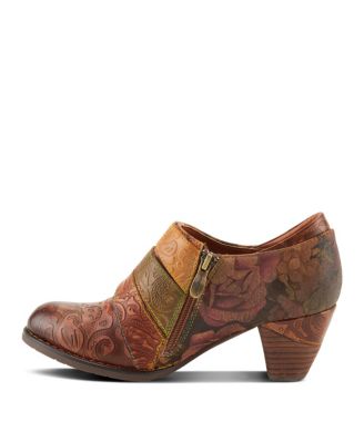 L Artiste Women s Graphic Handpainted Floral Leather Shooties with Antique Buckle and Stacked Heel