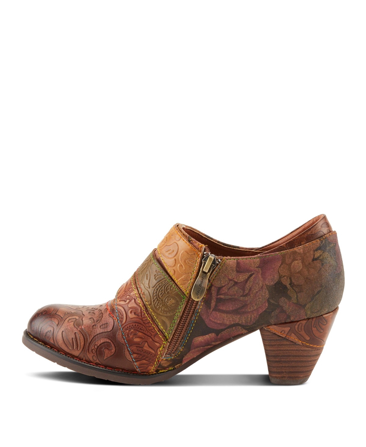 L Artiste Women s Graphic Handpainted Floral Leather Shooties with Antique Buckle and Stacked Heel