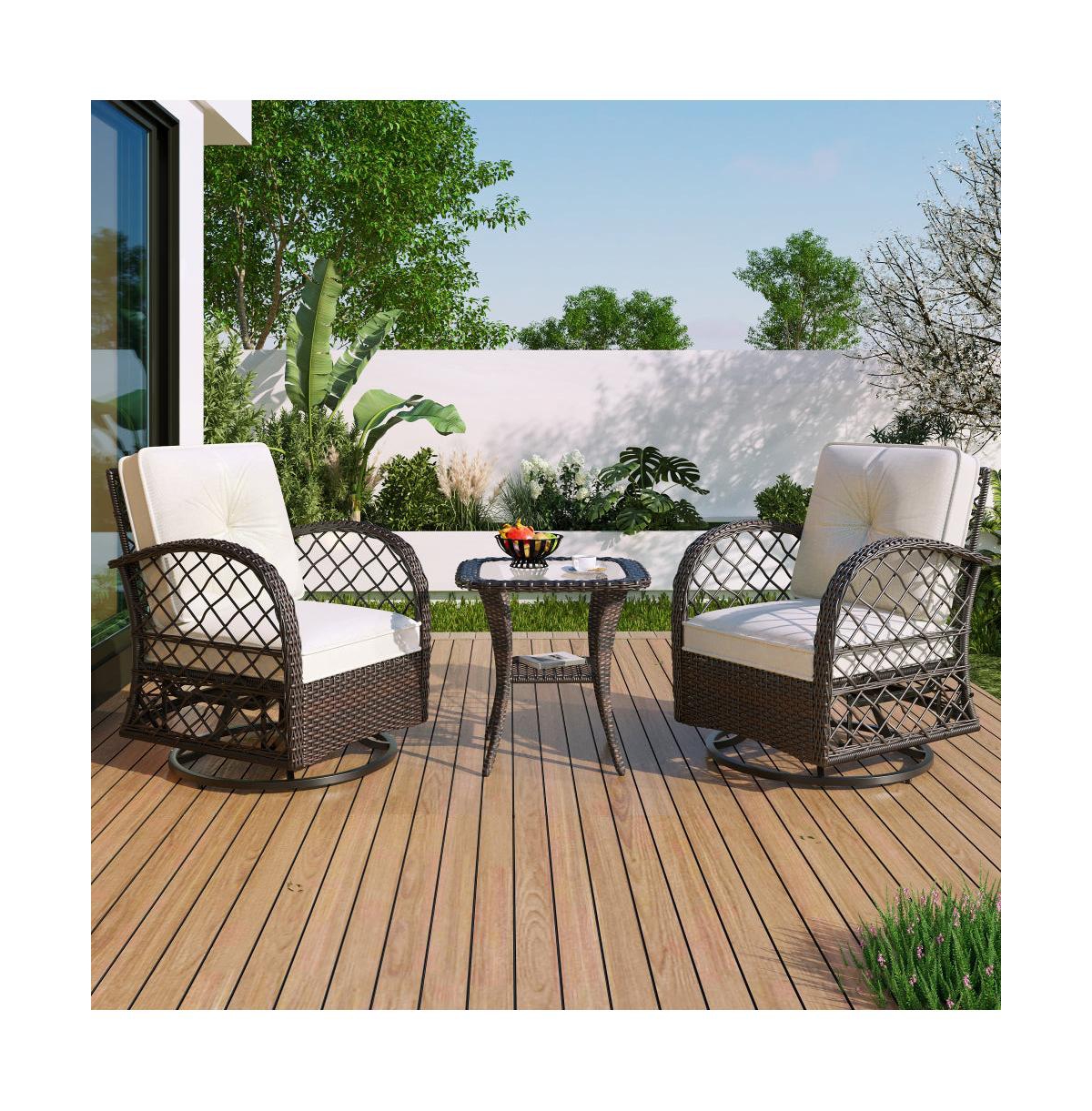 Chic Crate - 3-Piece Rattan Outdoor Furniture Set Modern Swivel Chairs & Square Table with Chat Group Design