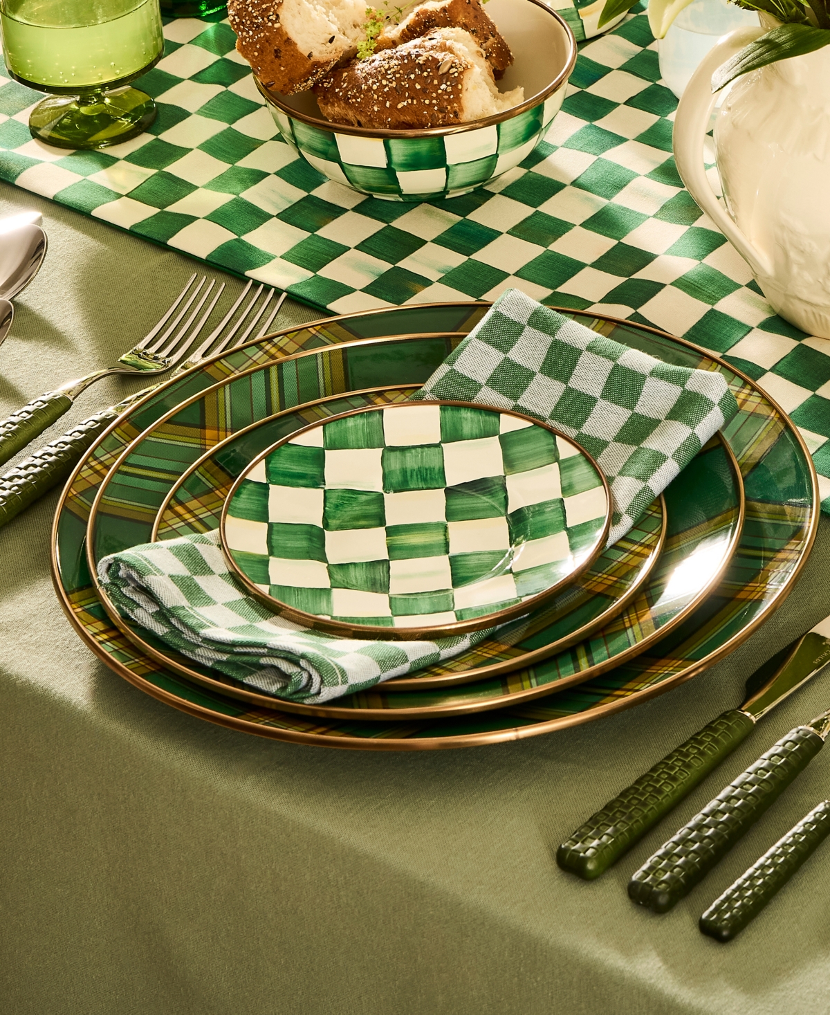Mackenzie-childs Emerald Check Appetizer Plates, Set Of 4 In Green