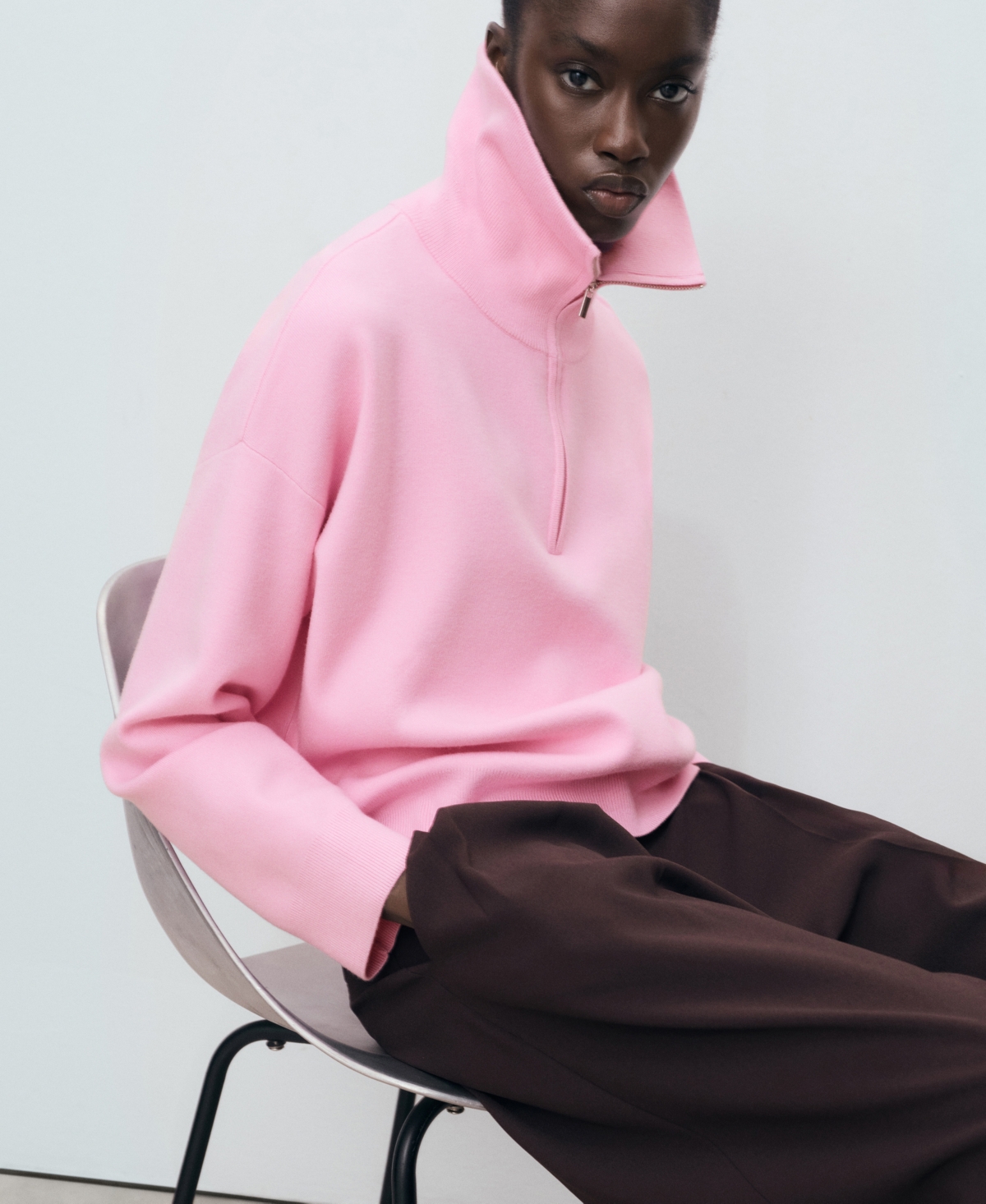 Mango Women's Zip Collar Knitted Sweater In Pink