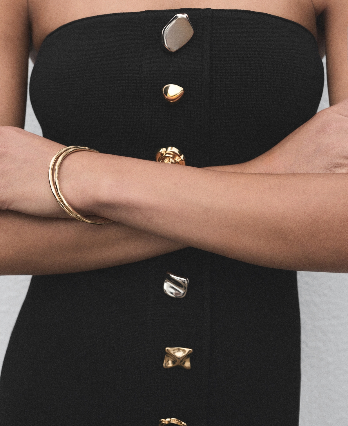 Mango Strapless Dress With Jewel Buttons Black In Black