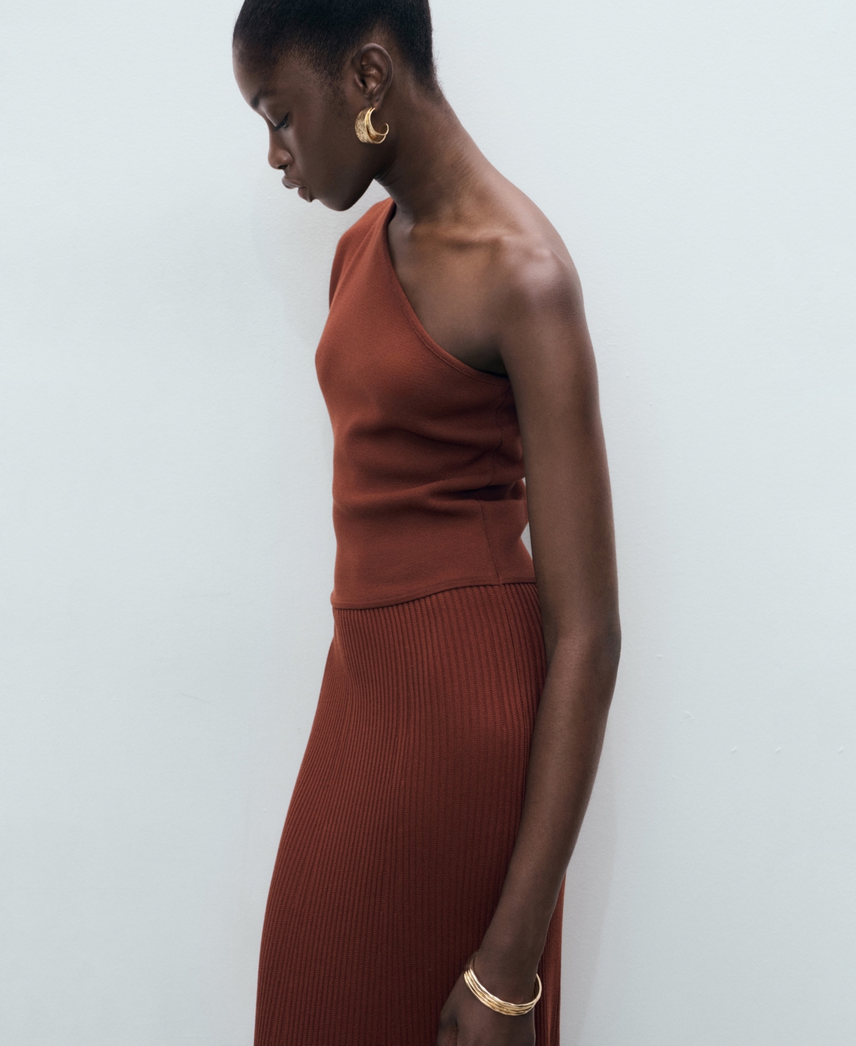 Mango One-shoulder Rib Maxi Dress In Brown