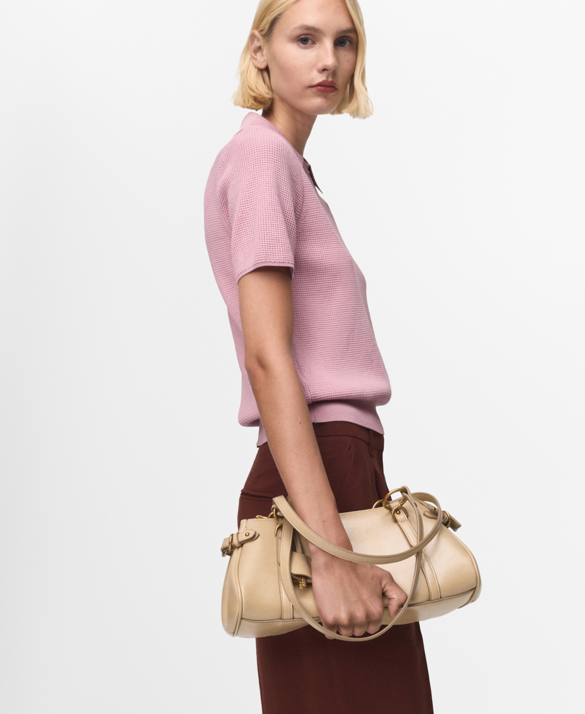 Mango Spread Collar Short Sleeve Sweater In Pink