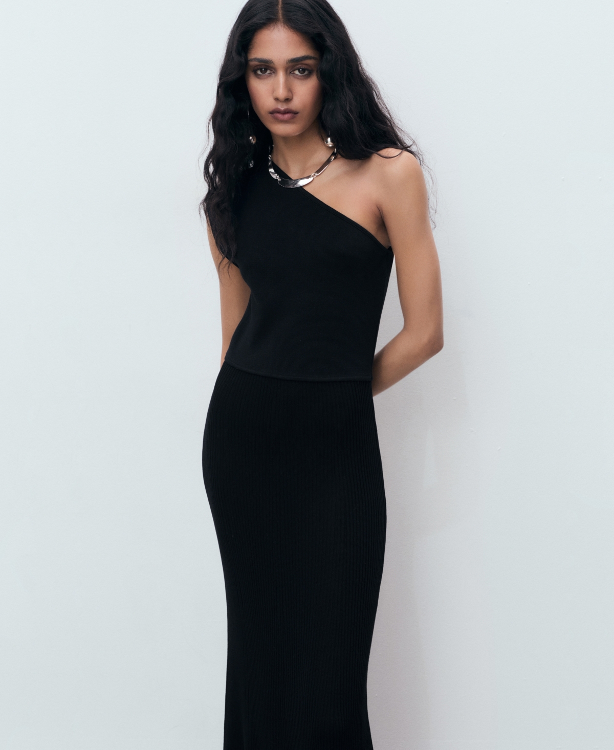 Mango Asymmetrical Combined-knit Dress In Black