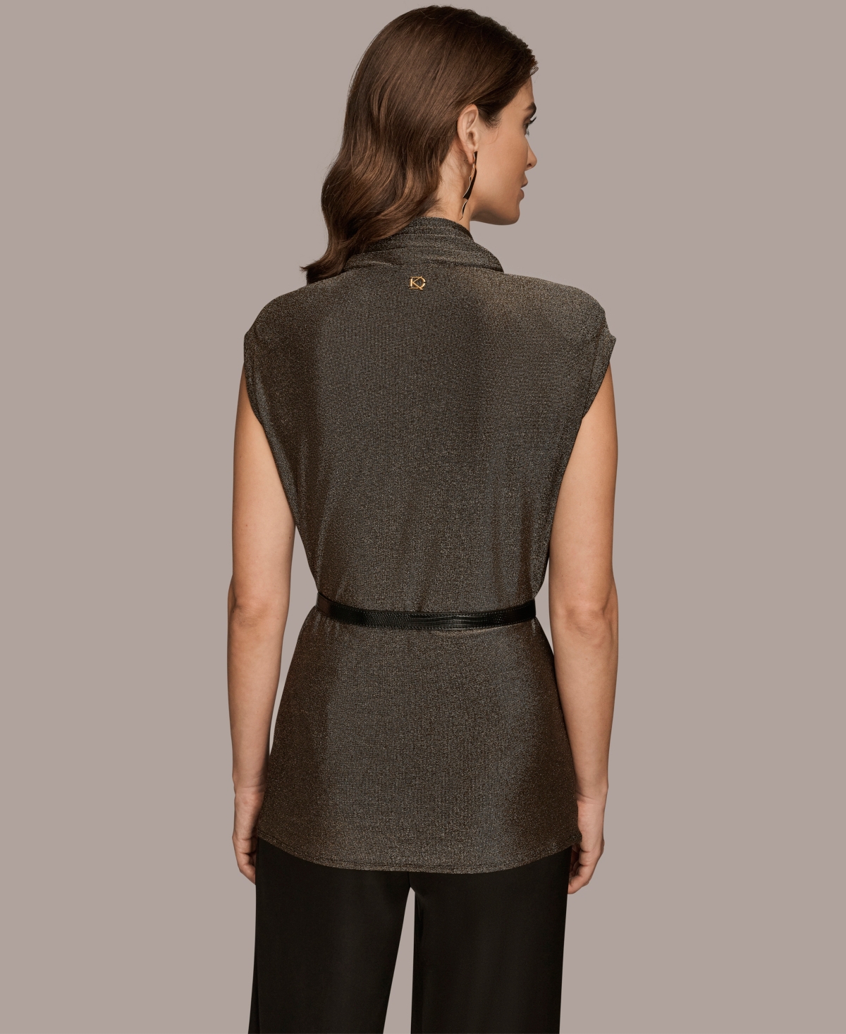 Donna Karan New York Ruched Metallic Belted Mock Neck Top In Gray