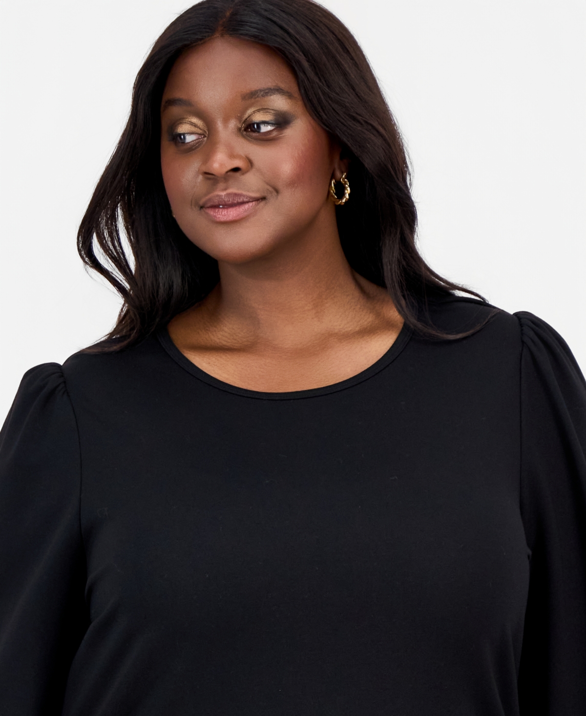 Ak Anne Klein Plus Size Blouson-sleeve Top In Black