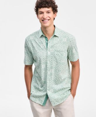 Men's Pima Cotton Medal Print Short-Sleeve Button-Up Knit Shirt