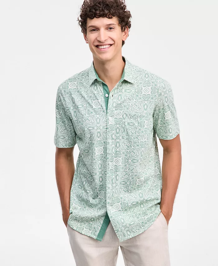 Men's Pima Cotton Medal Print Short-Sleeve Button-Up Knit Shirt - thumbnail 10