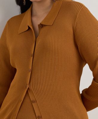 Plus Size Rib-Knit Long-Sleeve Polo Cardigan