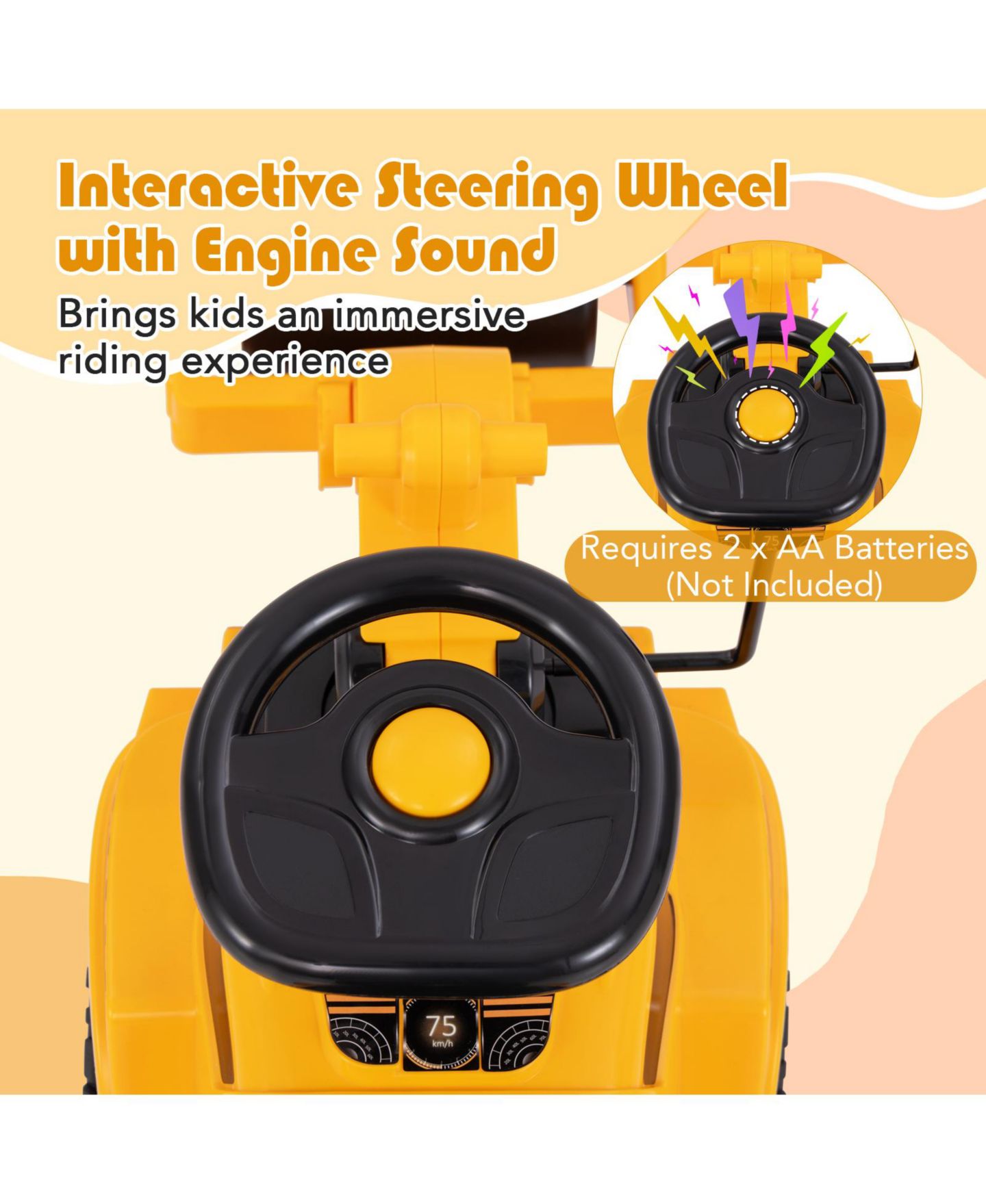 Детская игрушка Gymax Road Roller Adjustable Roller Steering Wheel with Engine Sound Ride-On, 33 lbs Capacity, Ages 19-36 Months, цвет: Жёлтый — фото 8