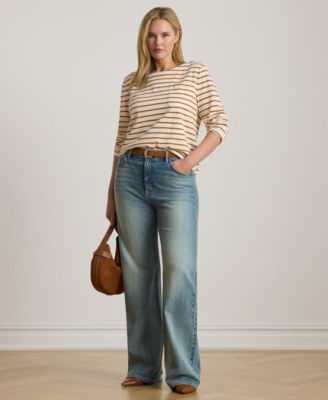 Plus Size Striped Boat Neck Top