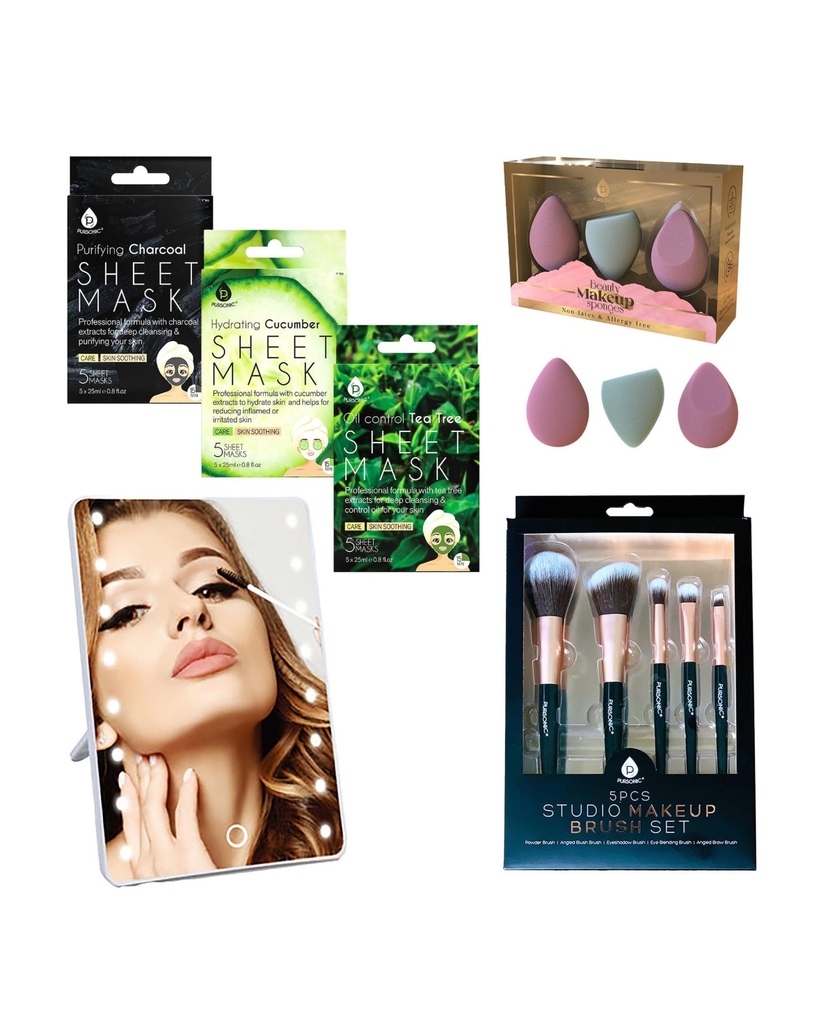 Beauty Essentials Self-Care Bundle – Studio Brush Set, Touchscreen Vanity Mirror, Blenders, and Sheet Masks Collection
