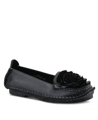 Dezi Hand-Painted Leather, Ombre Finish, Flower Accent, Cushioned Insole, Rubber Outsole – Round Toe Artisan Slip-On Flats