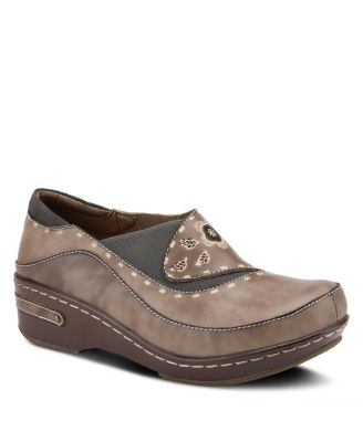 L Artiste Women s BURBANK Hand-Painted Leather Clogs with Floral Embossing and Elastic Insets