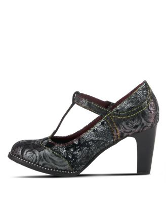 Women s Mazie Closed-Toe T-Strap Heels in Floral Metallic and Mosaic Leather with Decorative Buckle and Stacked Heel