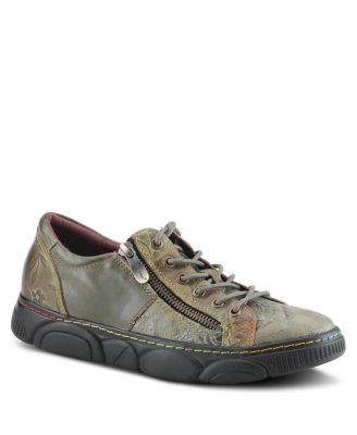 L’Artiste Women’s DANLI-BLOOM Zippered Platform Sneakers in Hand-Painted Leather with Floral Embossing and Rainbow Stitching