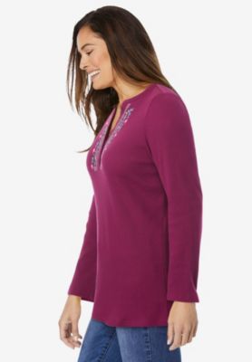 Women's Plus Size Embroidered Thermal Henley Tee
